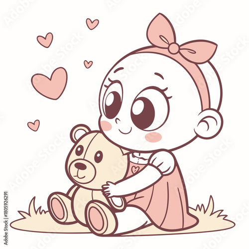 A heartwarming illustration of a sweet baby girl hugging her teddy bear amidst floating hearts, isolated on, conveying love and comfort