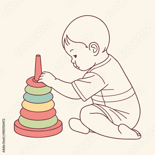 Illustration of a baby playing with a stacking toy isolated on the baby is sitting on the floor and is focused on the toy