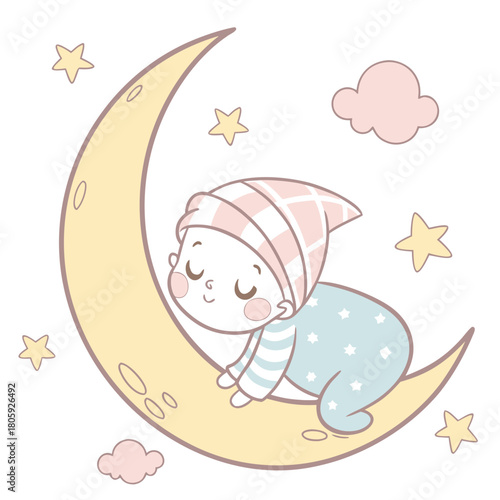 Cute baby sleeping on the moon isolated on sweet dreams concept with a little child, stars, and clouds in pastel colors for nursery decor