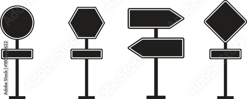 Road Sign Board icon set. Empty traffic signs isolated on transparent background. Highway attention road sign collection. Blank street traffic symbols, stopping boards. Signaling plates vector.