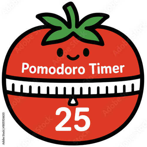 Adorable tomato-shaped Pomodoro timer showing a 25-minute session, symbolizing focused work intervals and time-management productivity techniques