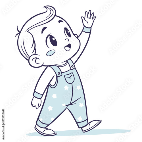 Adorable baby boy waving hello with a cheerful smile, wearing a cute outfit, isolated on a heartwarming and playful illustration