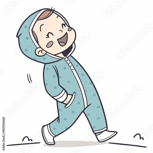 A happy baby in a blue hooded onesie is walking with his hands in his pockets, isolated on he is smiling and enjoying the day
