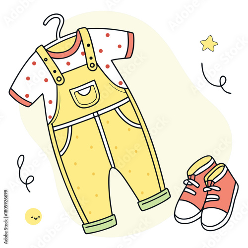 A cute baby outfit with overalls and sneakers, isolated on the charming illustration captures the style and innocence of childhood