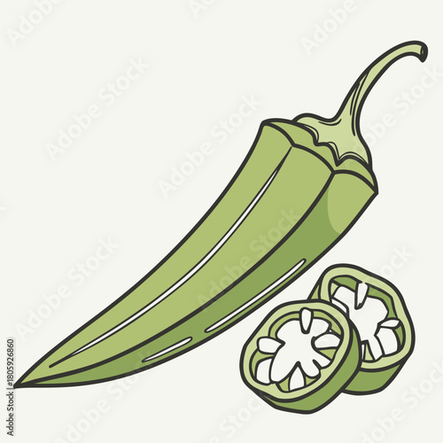 Illustration of a whole okra and two sliced pieces, showcasing the vegetables unique shape and texture, isolated on