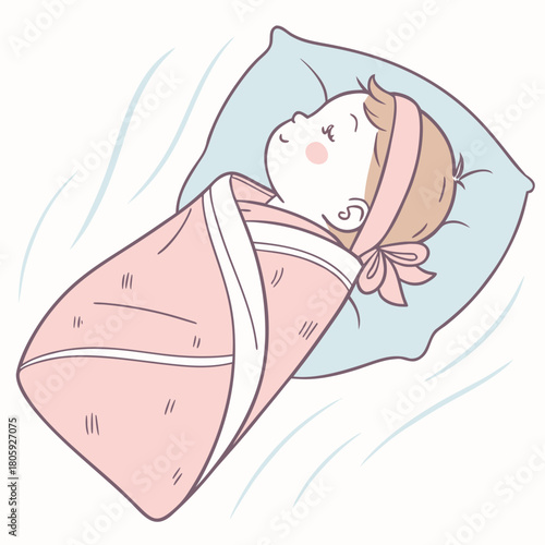 A baby is sleeping soundly wrapped in a pink blanket on a blue pillow, isolated on, a serene image of a newborn resting peacefully