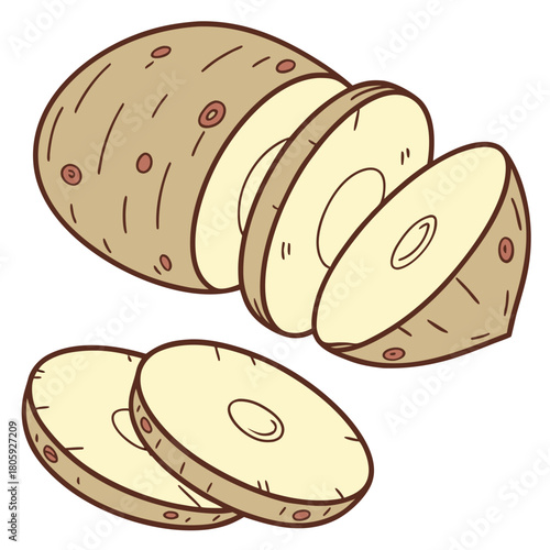 A charming cartoon illustration isolated on featuring a sliced yam, showcasing its vibrant colors and inviting texture, perfect for culinary or educational purposes