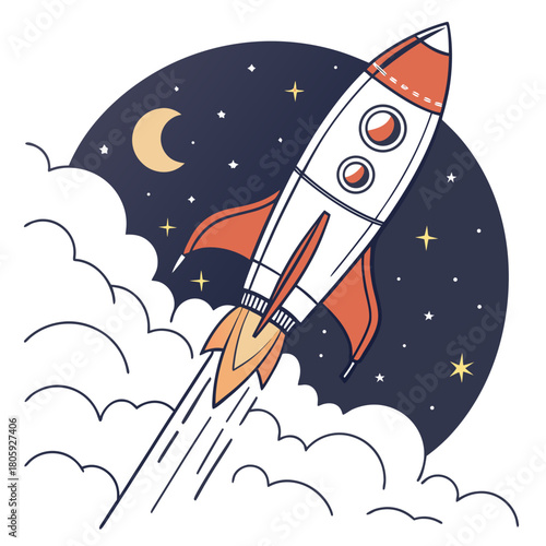 A cartoon rocket ship soars through the night sky, leaving a trail of clouds and stars behind, symbolizing ambition and the pursuit of dreams