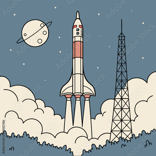 A cartoon rocket ship blasts off into space, leaving a trail of smoke and fire as it soars past the moon and stars, ready for an adventure