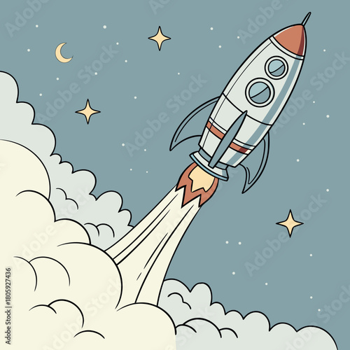 Illustration of a rocket ship blasting off into space with stars and a crescent moon in the background, creating a sense of adventure and exploration
