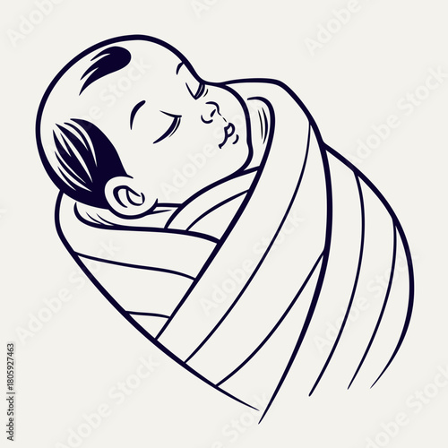 A sweet baby is sleeping peacefully, wrapped in a striped blanket, in this charming line art illustration isolated on