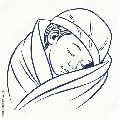 A serene baby is sleeping soundly, wrapped in a cozy blanket, in this beautiful line art illustration isolated on