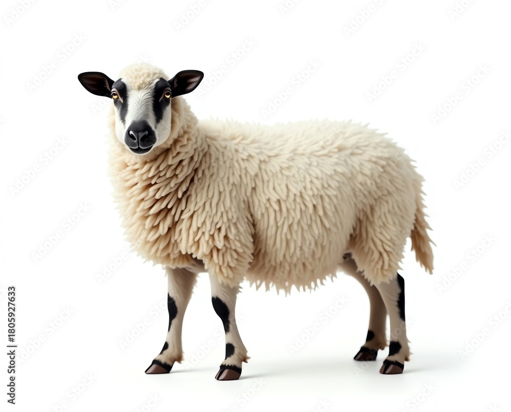 Fototapeta premium White sheep with black markings standing on white background