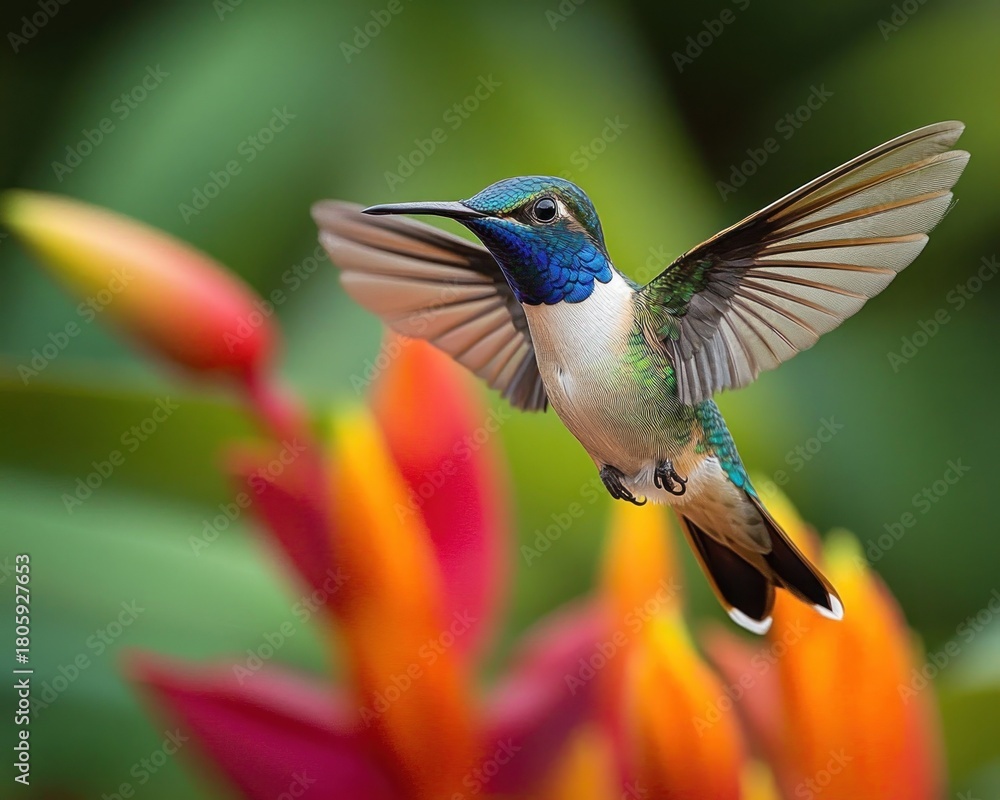 Fototapeta premium Iridescent green and blue hummingbird hovering with outstretched wings above vibrant red and orange tropical flowers against a soft green bokeh background, graceful and serene