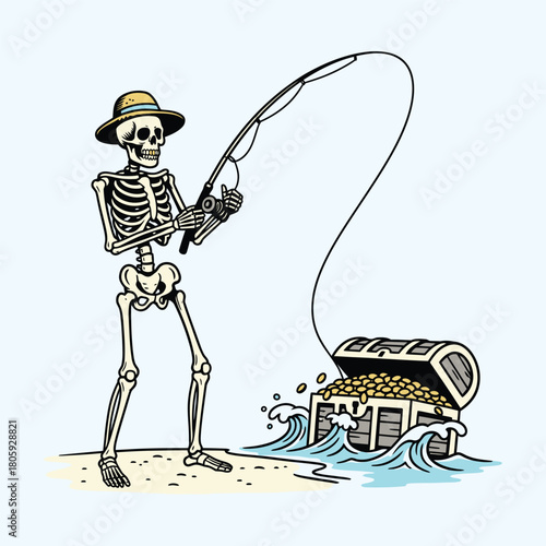 Lucky Skeleton Fisherman Catching a Treasure Chest of Gold on the Beach