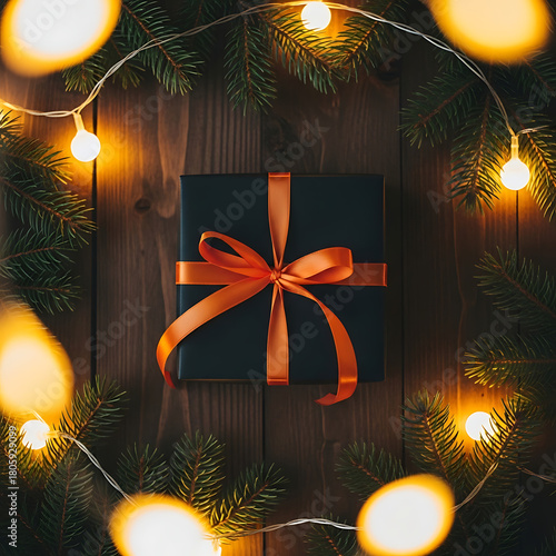 Christmas gift box with red ribbon surrounded by lights, cyber monday, cyber monday shoping,