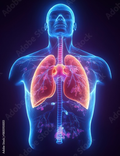 Wallpaper Mural Glowing medical illustration of a human upper torso showing trachea, branching bronchi, radiant lungs with alveoli detail and spinal column, conveying clinical scientific clarity Torontodigital.ca