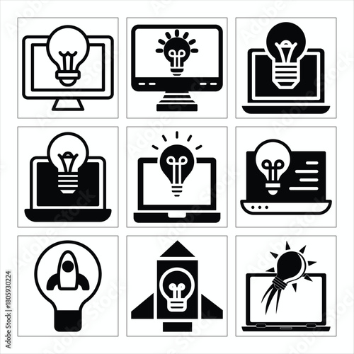 Black and white icons showing technology with lightbulbs idea generation