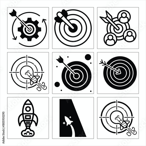 Collection of black and white icons representing goals and achievements concept