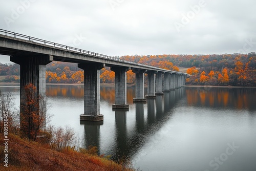 long concrete bridge with tall pillars stretching across a calm reflective lake, bordered by orange autumn trees under a cloudy sky, serene and contemplative mood