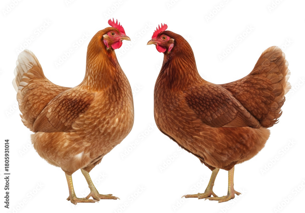 Fototapeta premium Two brown hens poultry farming chickens livestock agriculture animal husbandry birds isolated on transparent background