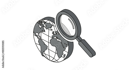 Explore the world with this modern globe and magnifying glass, great for global business, travel, and discovery, representing search and international focus