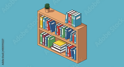 Cozy bookshelf filled with colorful books and a charming potted plant, perfect for adding a touch of warmth and personality to any room or design project