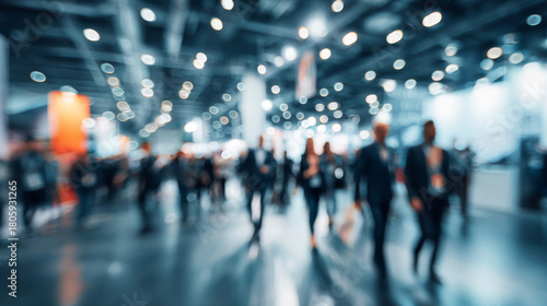 Blurry background of business conference with attendees walking, creating dynamic atmosphere of networking and engagement