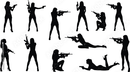 Action woman silhouettes set, a vector collection of female spies and agents holding guns, rifles, and pistols in various poses, isolated.