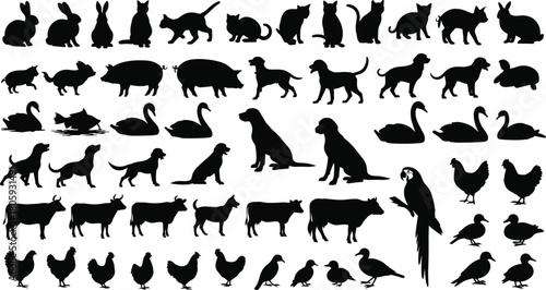 Animal silhouettes collection, vector illustration set of domestic pets, farm animals, and birds, dog, cat, cow, pig, chicken silhouettes, isolated elements.