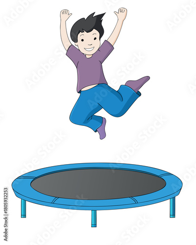 Active boy jumping for joy on a trampoline with an expression of fun and happiness