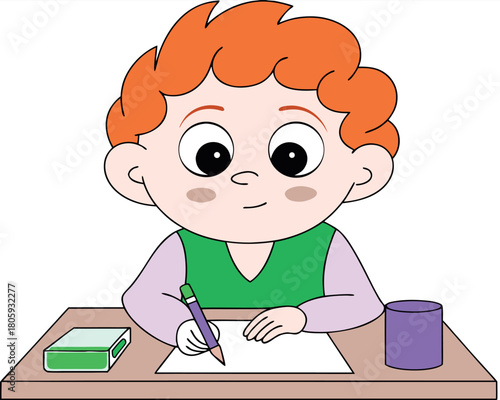 Cartoon illustration of a little boy student smiling while writing homework in a book on his desk