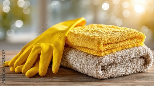 A pair of yellow cleaning gloves rests atop a stack of fluffy towels, radiating a fresh and tidy atmosphere with a soft, blurred background.