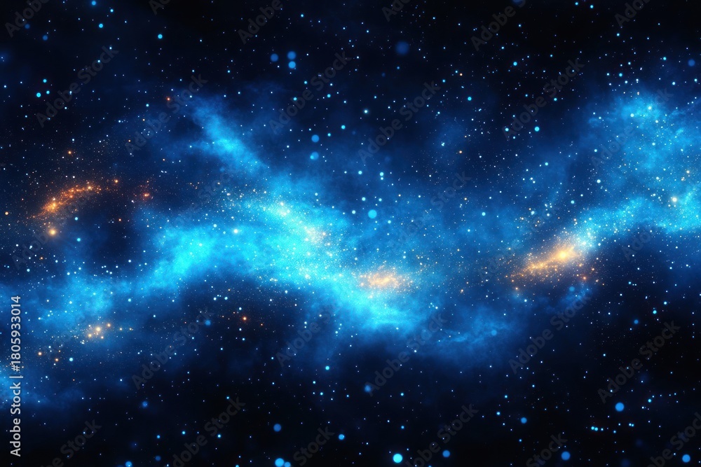 Naklejka premium wide blue nebula and starfield with glowing golden star clusters, swirling interstellar clouds and a sense of awe and serenity