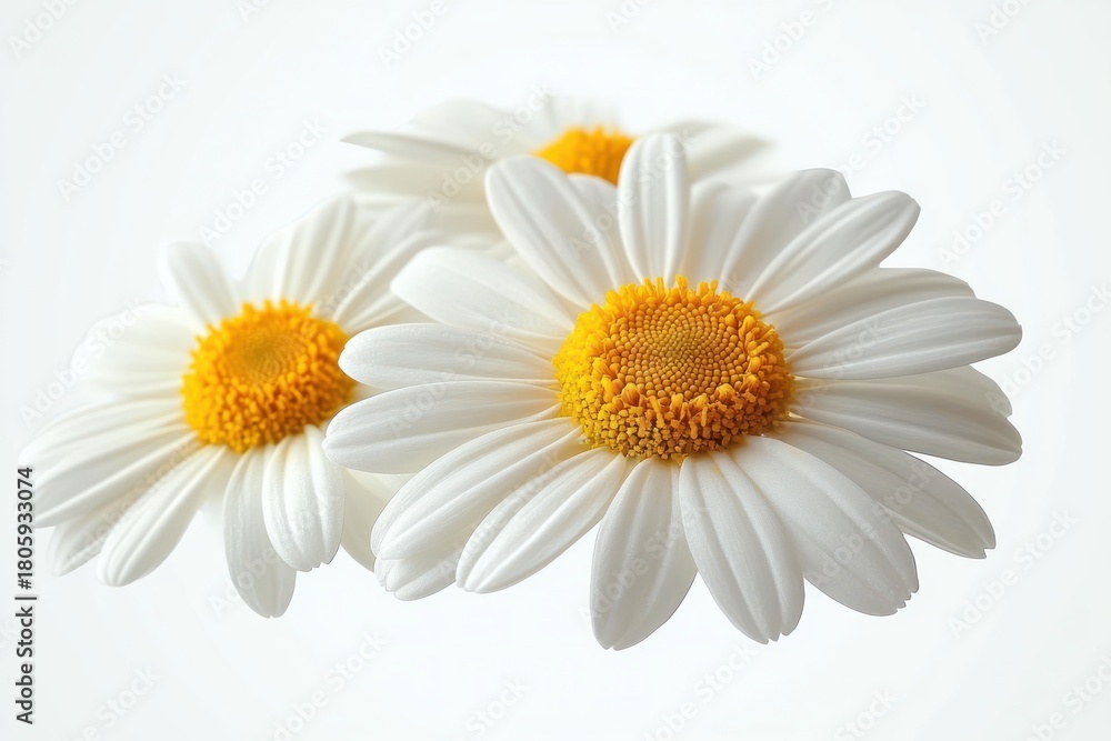Naklejka premium Three white daisies with bright yellow centers on a soft white background, fresh delicate and cheerful close-up