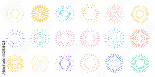Collection of colorful hand drawn sunbursts and starbursts in pastel shades on a white background