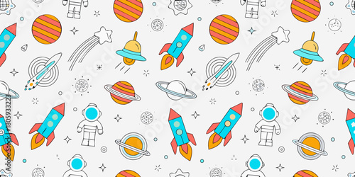 Whimsical space pattern featuring astronauts rockets planets stars and ufos on a white background