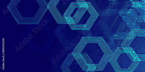 Abstract blue hexagonal geometric pattern with digital data flow and network connections on dark background