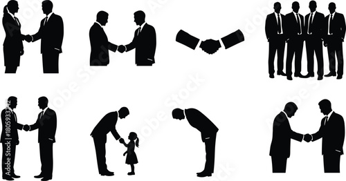 Business handshake silhouette set, corporate partnership deal, office team meeting, man bowing respect, woman agreement, people shaking hands, vector illustration collection