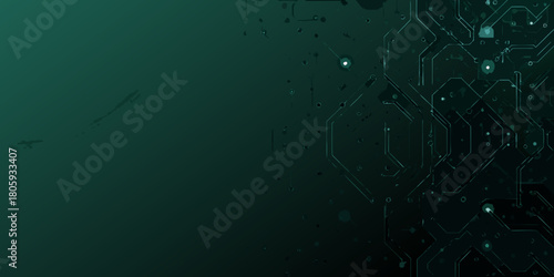 Abstract dark teal digital circuit board background with glowing lines and nodes