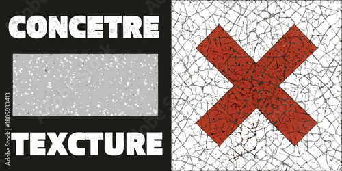 Abstract graphic design with concrete texture sample and red cross on cracked white background