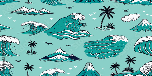 Seamless pattern of stylized ocean waves tropical palm trees and snow capped mountains in a retro cartoon style