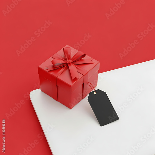 Red Gift Box with Ribbon and Tag on White, cyber monday, cyber monday shoping,