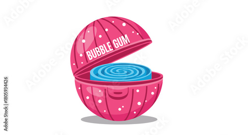 An open, pink, spherical bubble gum container with a blue spiral gum roll inside, depicted in a cartoon style illustration.