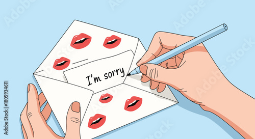 A hand writes an apology note that reads 'I'm sorry' on a paper tucked into a white envelope adorned with red lipstick kiss marks.