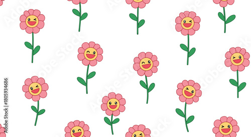 Whimsical seamless pattern of cheerful pink cartoon flowers with smiling and winking faces, ideal for a bright and playful background.