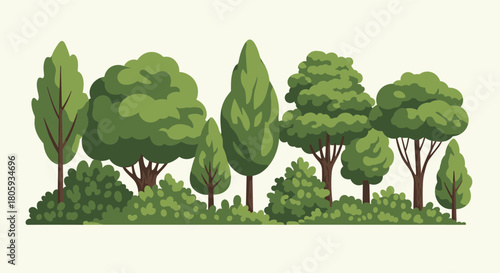 A diverse row of green trees and bushes in a simplified, flat design illustration with a light background.