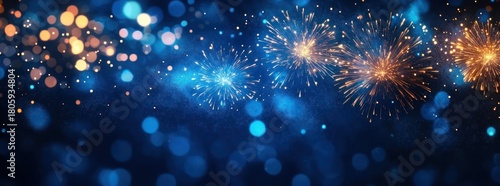 golden and blue fireworks bursting across a deep blue bokeh night sky, sparkling lights and glitter creating a festive, joyful, celebratory atmosphere