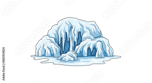 Detailed vector cartoon of a large ice and snow formation featuring prominent icicles and a pool of meltwater.