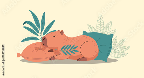A peaceful cartoon capybara is soundly sleeping on a soft pillow surrounded by lush green foliage, exuding calm and relaxation.